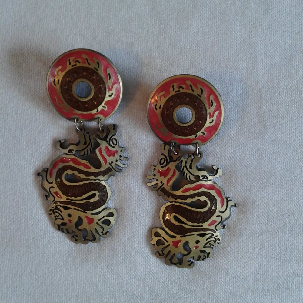 Vintage Retro 1980s EDGAR BEREBI Designer Pierced Earrings. Bold Asian Design